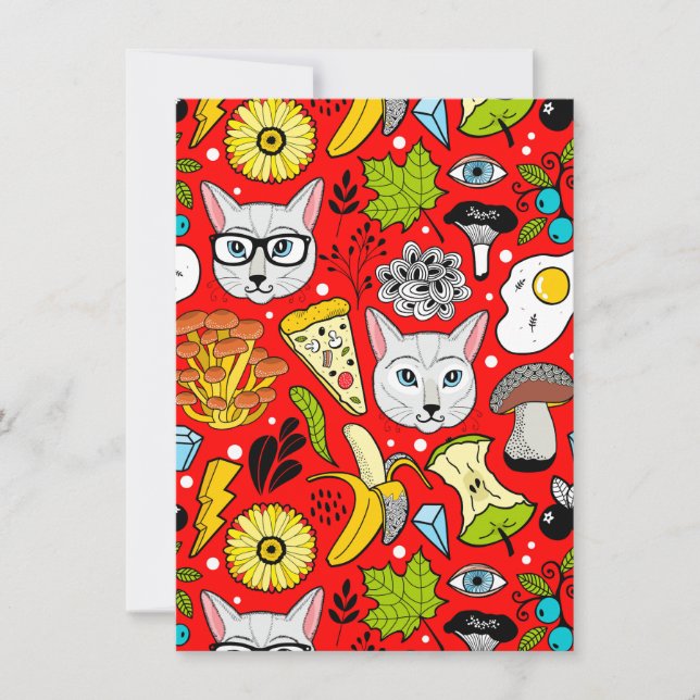 Cat and egg on red invitation (Front)