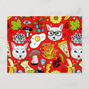 Cat and egg on red invitation postcard