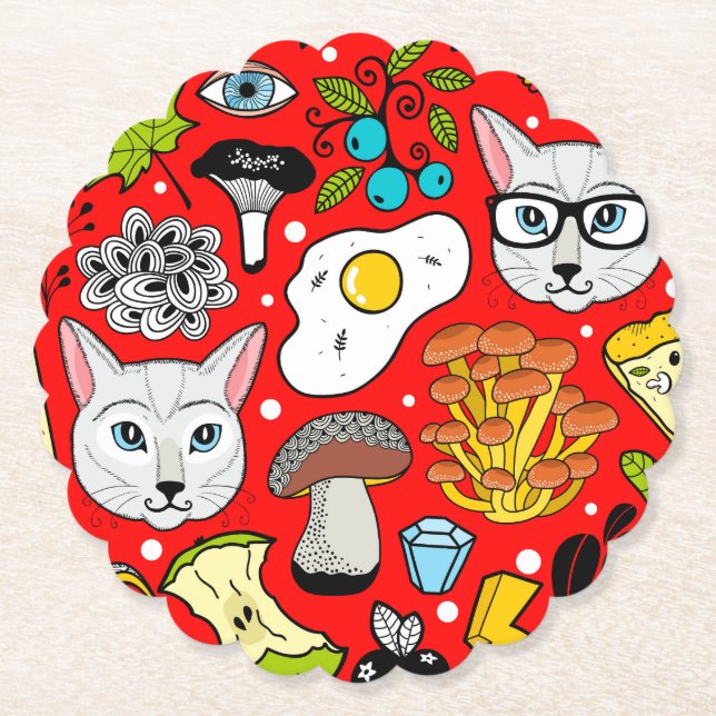 Cat and egg on red paper coaster (Front)