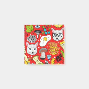 Cat and egg on red post-it notes