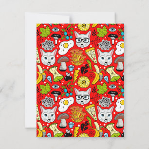 Cat and egg on red RSVP card