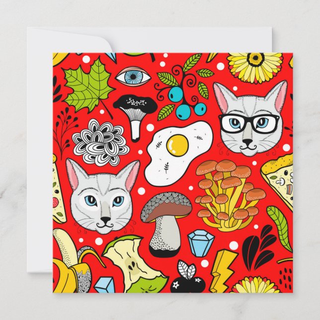 Cat and egg on red save the date (Front)