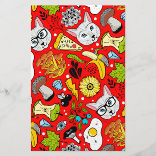 Cat and egg on red stationery