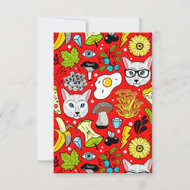 Cat and egg on red thank you card (Front)