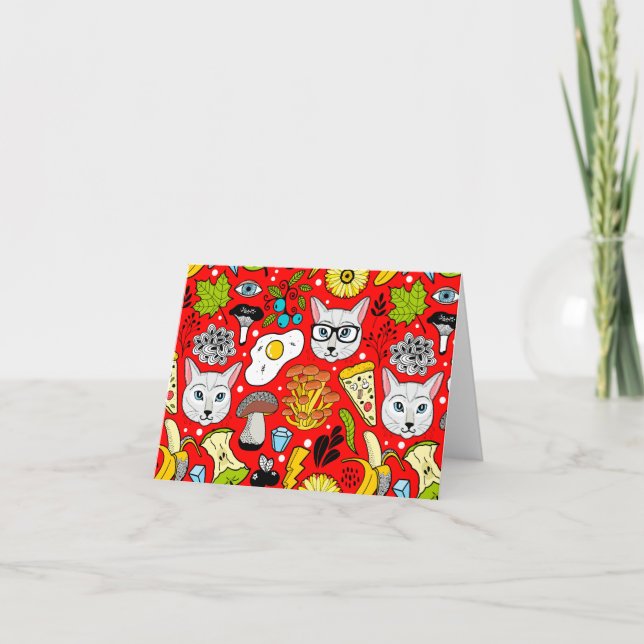 Cat and egg on red thank you card (Front)