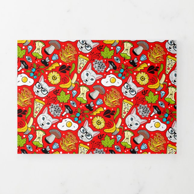 Cat and egg on red Tri-Fold invitation (Cover)