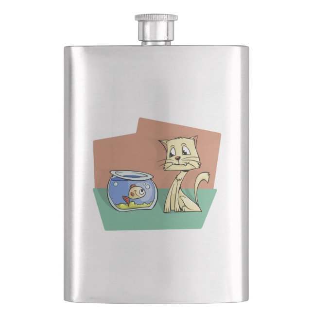 Cat and fish bowl clipart hip flask (Front)