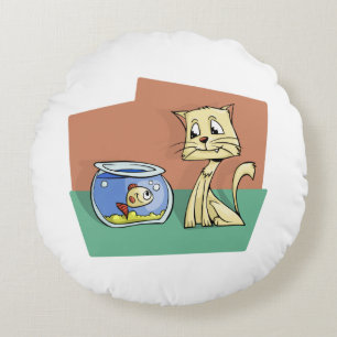 Cat and fish bowl clipart round pillow