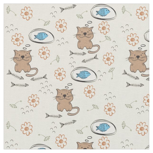 cat and fish pattern fabric (Close Up)