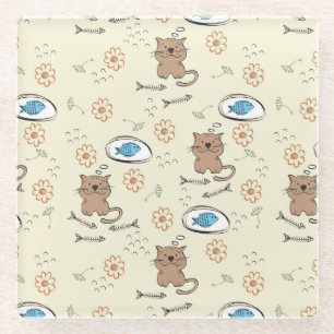 cat and fish pattern glass coaster