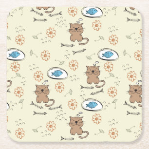 cat and fish pattern square paper coaster