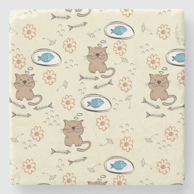 cat and fish pattern stone coaster (Front)