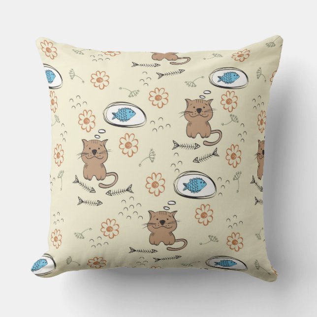 cat and fish pattern throw pillow (Front)