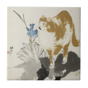 Cat and Flower Chinese Art Tile
