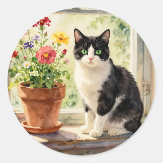 Cat and Flower Themed Classic Round Sticker