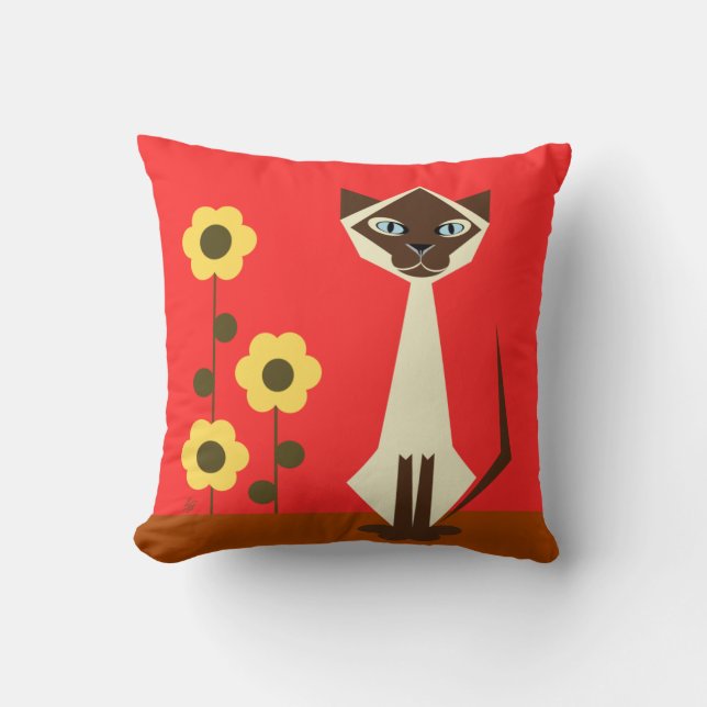 Cat and Flowers Throw Pillow (Front)