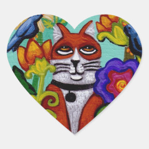 Cat and Four Birds Heart Sticker
