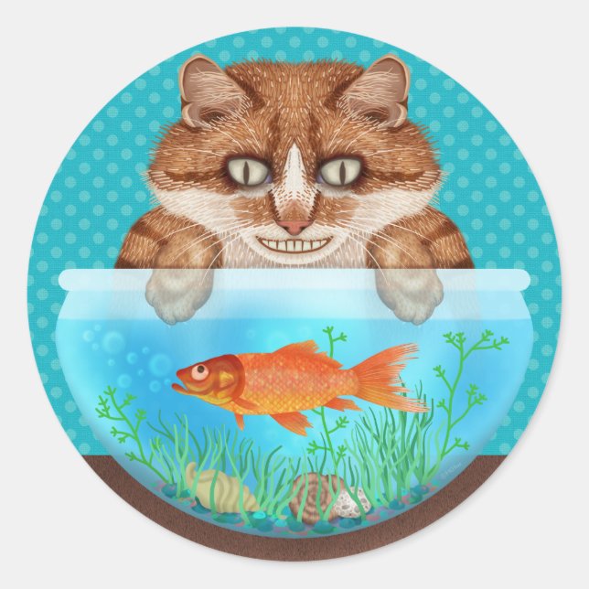 Cat and Goldfish Bowl Funny Hungry Grinning Kitty Classic Round Sticker (Front)