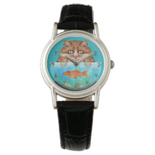Cat and Goldfish Bowl Hungry Funny Grinning Kitty Watch