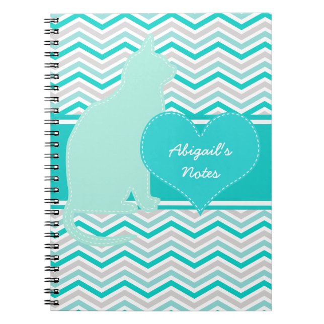 Cat and Heart on Chevron Personalized Notebook (Front)