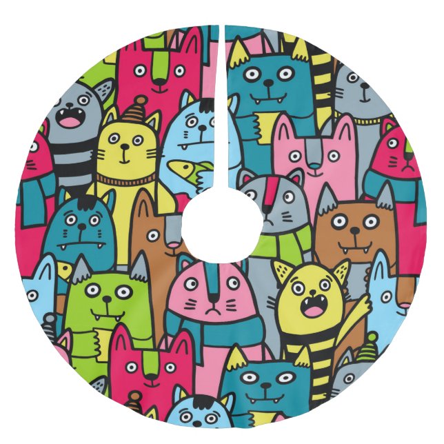 Cat and kittens brushed polyester tree skirt (Front)