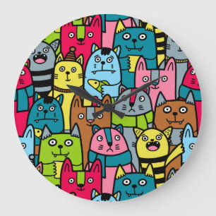 Cat and kittens large clock