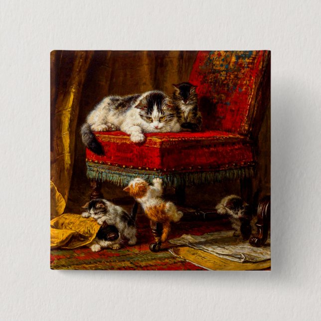 Cat and Kittens Playing with Chair 2 Inch Square Button (Front)