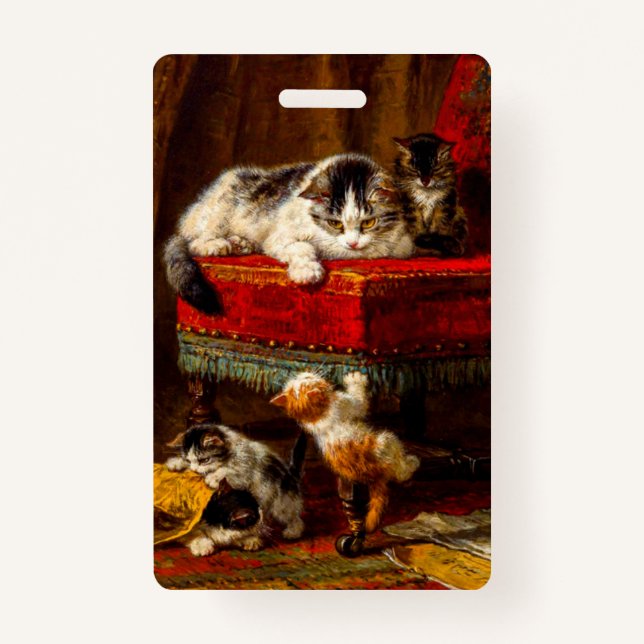 Cat and Kittens Playing with Chair Badge (Front)