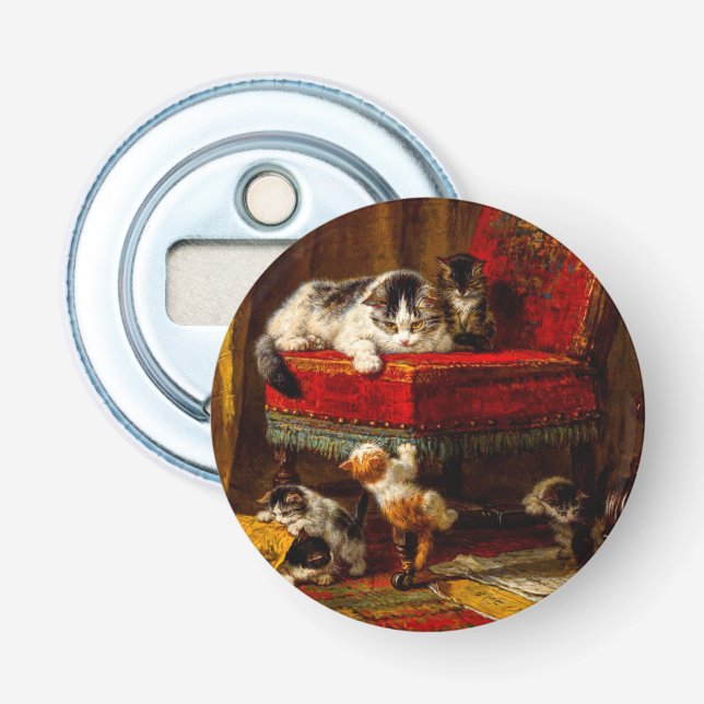 Cat and Kittens Playing with Chair Bottle Opener (Front)