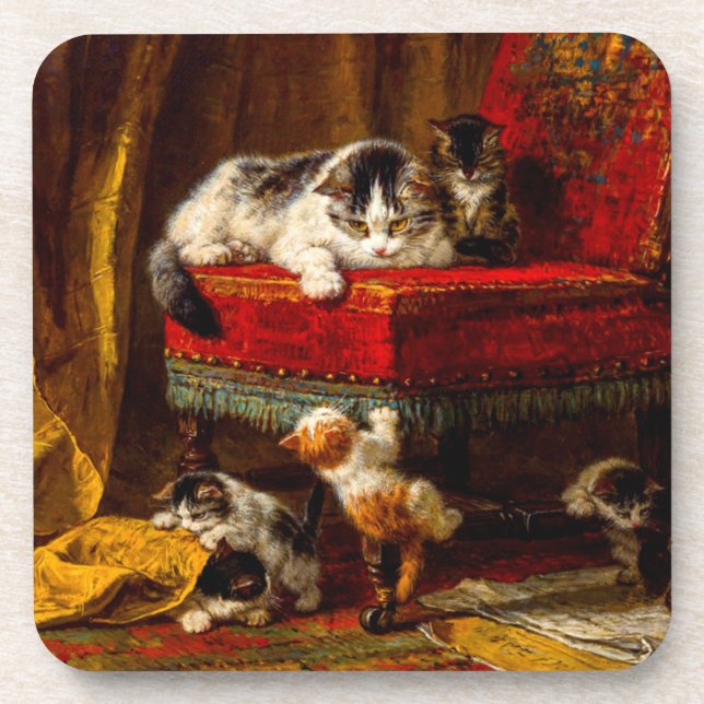 Cat and Kittens Playing with Chair Coaster (Front)