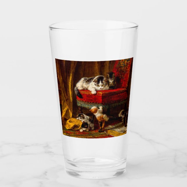 Cat and Kittens Playing with Chair Glass (Front)