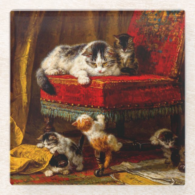 Cat and Kittens Playing with Chair Glass Coaster (Front)