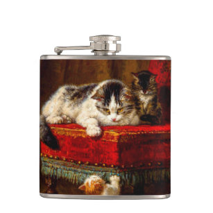Cat and Kittens Playing with Chair Hip Flask
