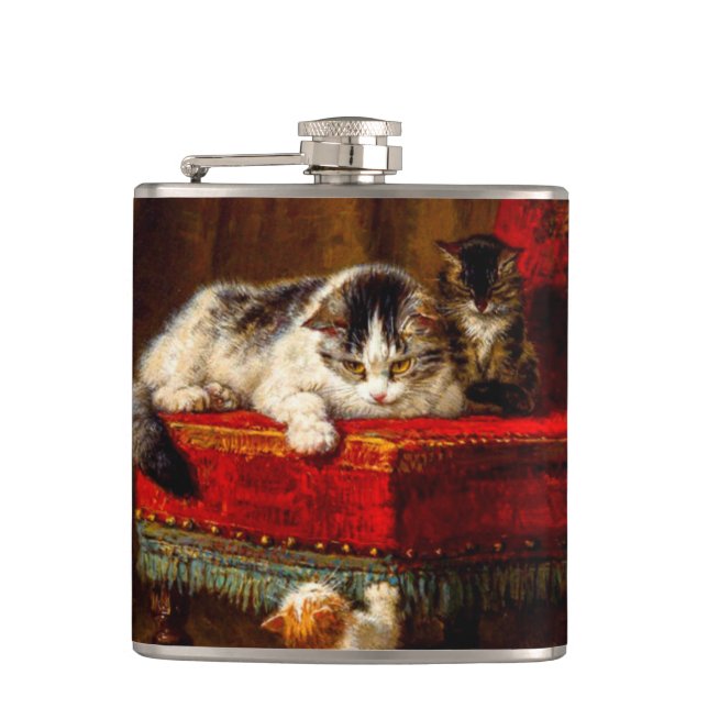 Cat and Kittens Playing with Chair Hip Flask (Front)