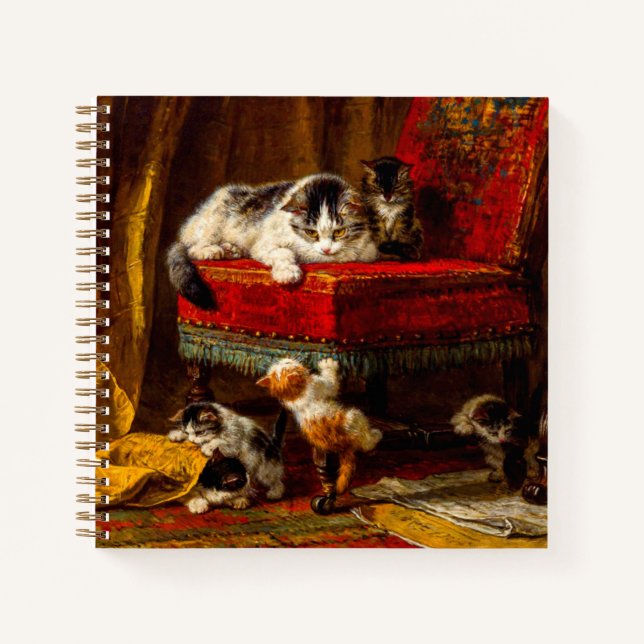 Cat and Kittens Playing with Chair Notebook (Front)