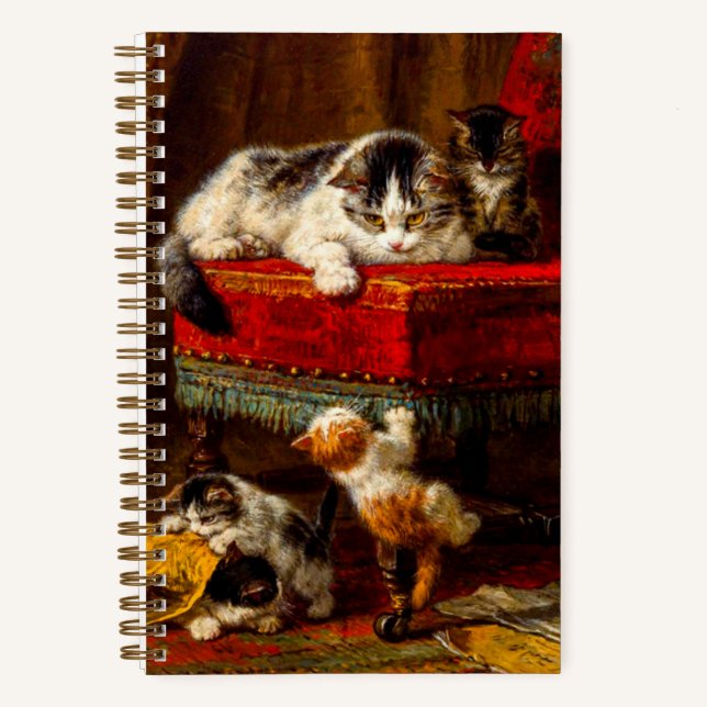 Cat and Kittens Playing with Chair Notebook (Front)