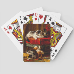 Cat and Kittens Playing with Chair Playing Cards