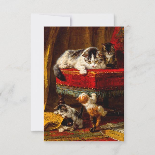 Cat and Kittens Playing with Chair RSVP Card (Front)