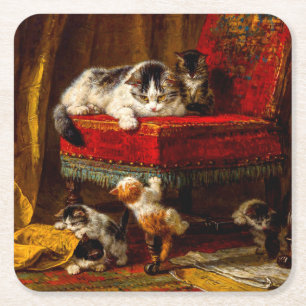 Cat and Kittens Playing with Chair Square Paper Coaster