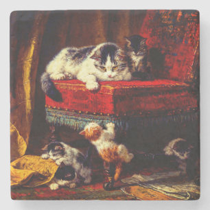 Cat and Kittens Playing with Chair Stone Coaster