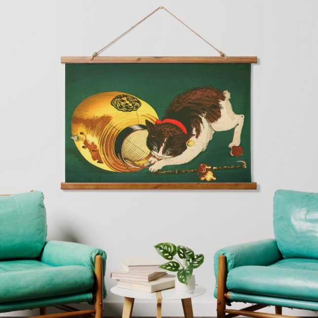 Cat and Lantern Kobayashi Kiyochika 1886 Cropped Hanging Tapestry (Living Room)