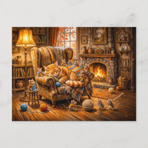 Cat and Mice Cozy Knitting Scene Postcard