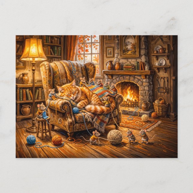 Cat and Mice Cozy Knitting Scene Postcard (Front)