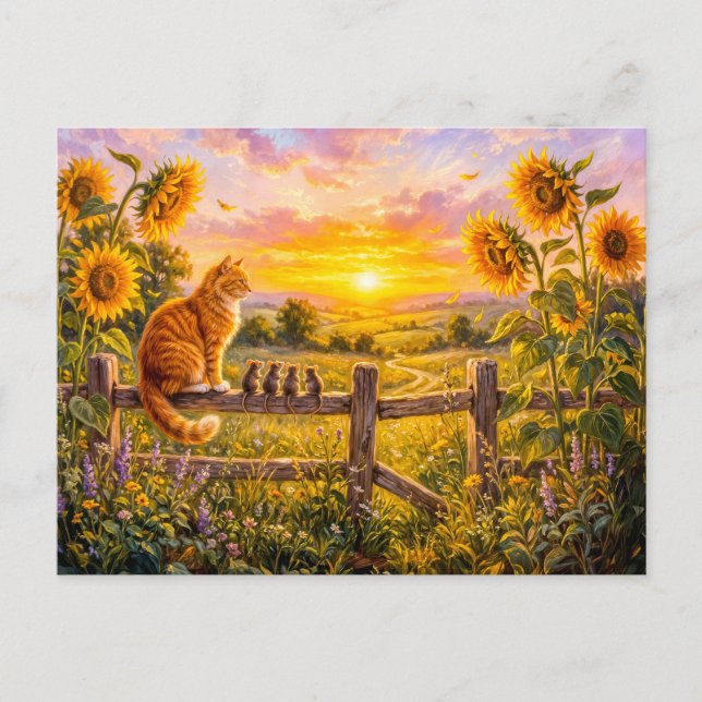 Cat and Mice Sunset Fence View Postcard (Front)