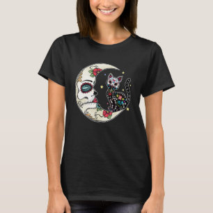 Cat And Moon Sugar Skull Dia De Muertos Day Of The T-Shirt