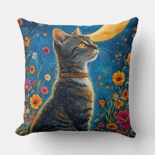 Cat and moon throw pillow