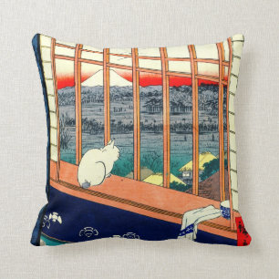 Cat and Mount Fuji 1857 Throw Pillow