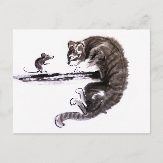 Cat And Mouse encounter sumie painting Invitation Postcard (Front)