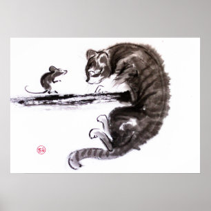 Cat And Mouse encounter sumie painting Poster