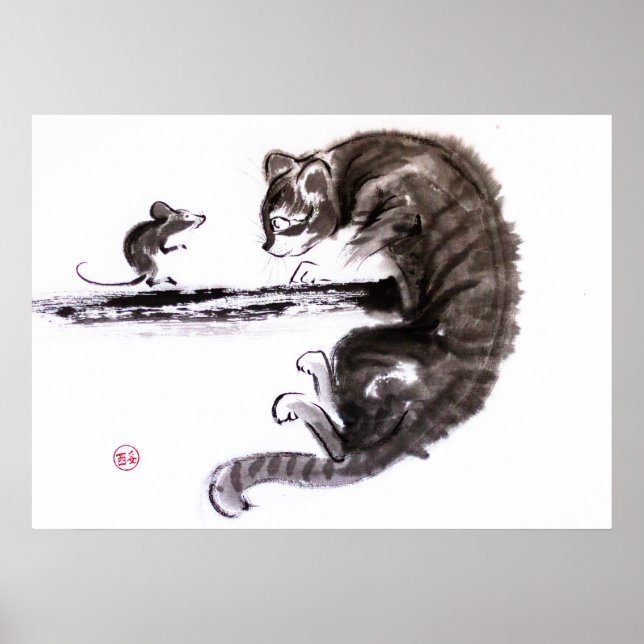 Cat And Mouse encounter sumie painting Poster (Front)